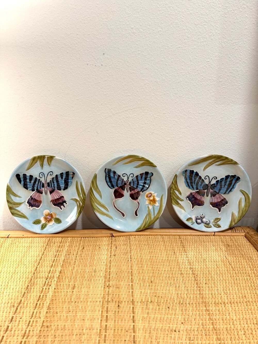 Home Interiors Set Of 3 Embossed Butterfly Ceramic Hanging Wall Plates